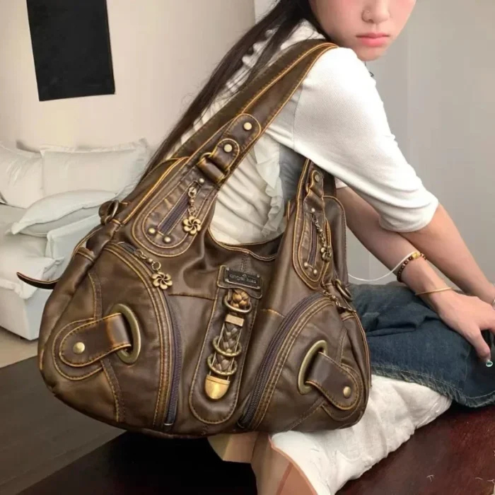 Xiuya Y2k Vintage Womens Shoulder Bag Large Capacity Casual Pu Leather Tote Bag American Retro Luxury Designer Ladies Armpit Bag