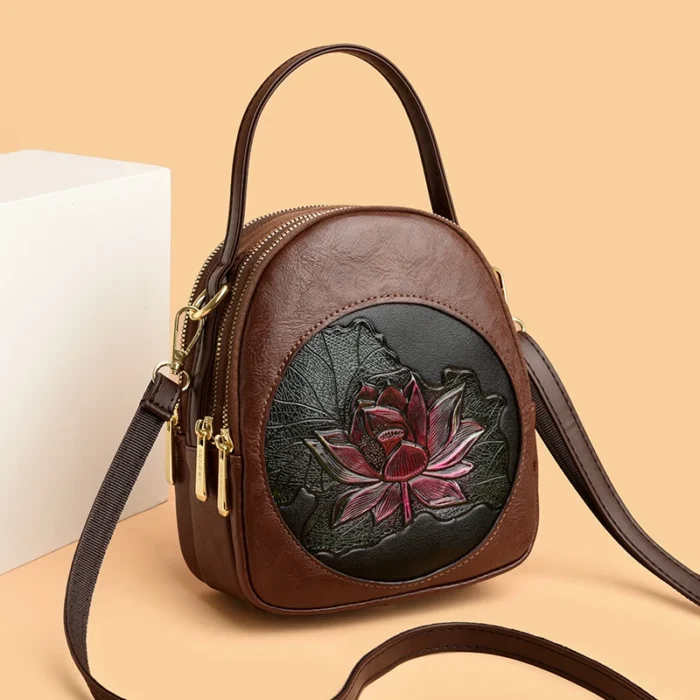 New Luxury PU Leather Women’s Leisure Time Shoulder Bag and Purses Fashionable Lotus Pattern Crossbody Bag Ladies Brand Handbags