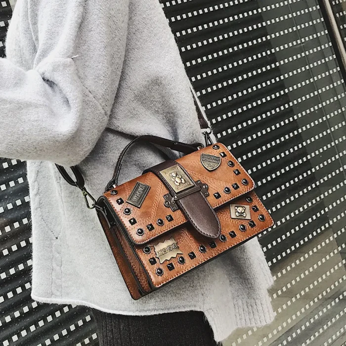 Retro Women Carry Handbags Flap Shoulder Purse Female Portable Satche Rivet Square Crossbody Bag - Image 3