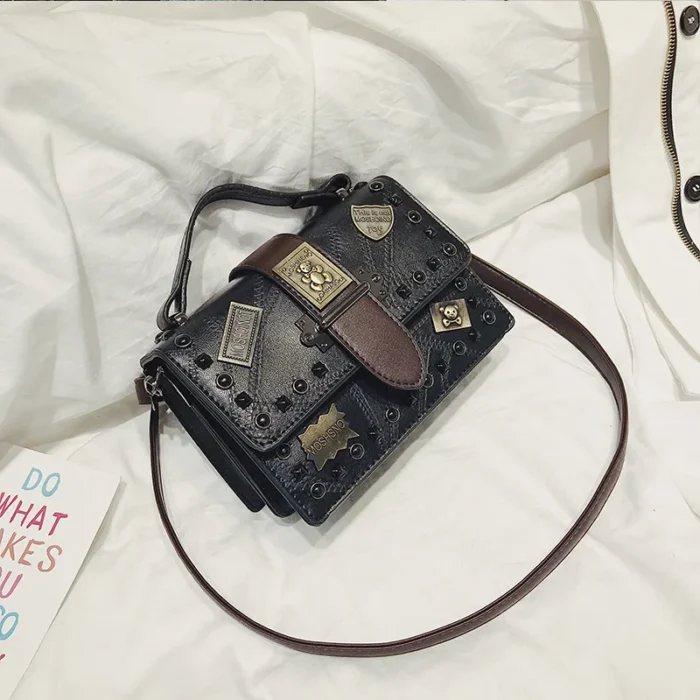 Retro Women Carry Handbags Flap Shoulder Purse Female Portable Satche Rivet Square Crossbody Bag - Image 5