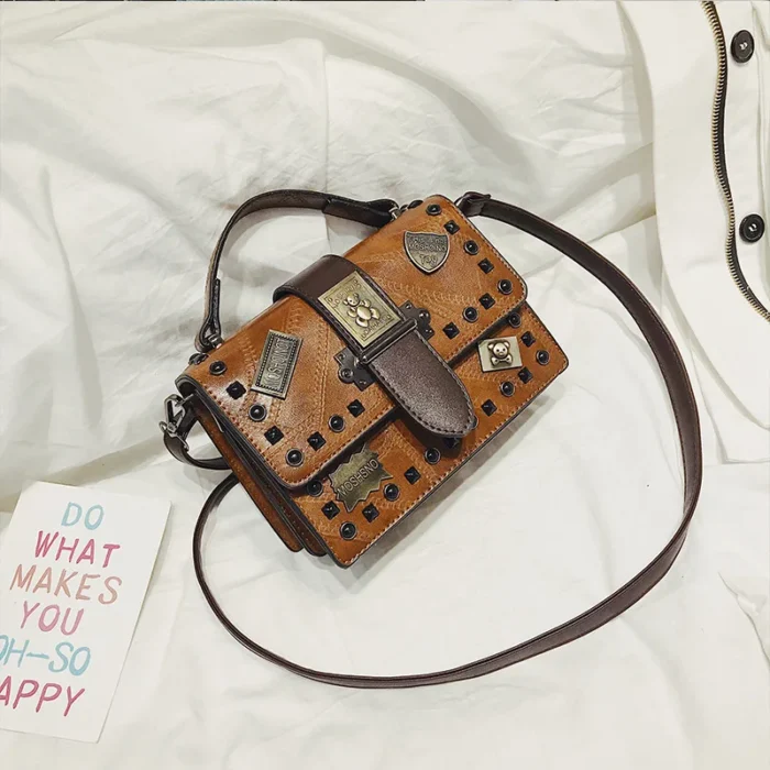 Retro Women Carry Handbags Flap Shoulder Purse Female Portable Satche Rivet Square Crossbody Bag - Image 6
