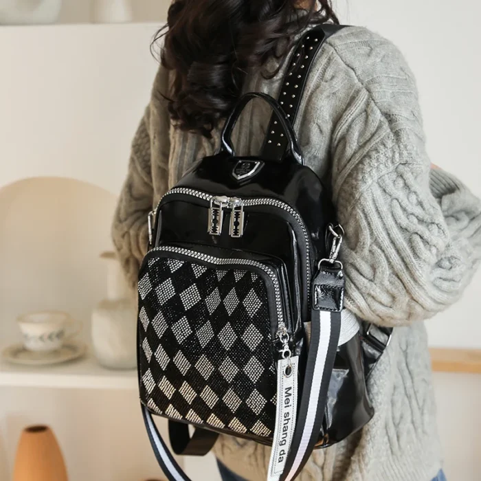 Fashionable Diamond Studded Grid Design Backpack Luxurious Women's Brand Backpack Mostly Functional High Capacity Travel Bookbag - Image 4