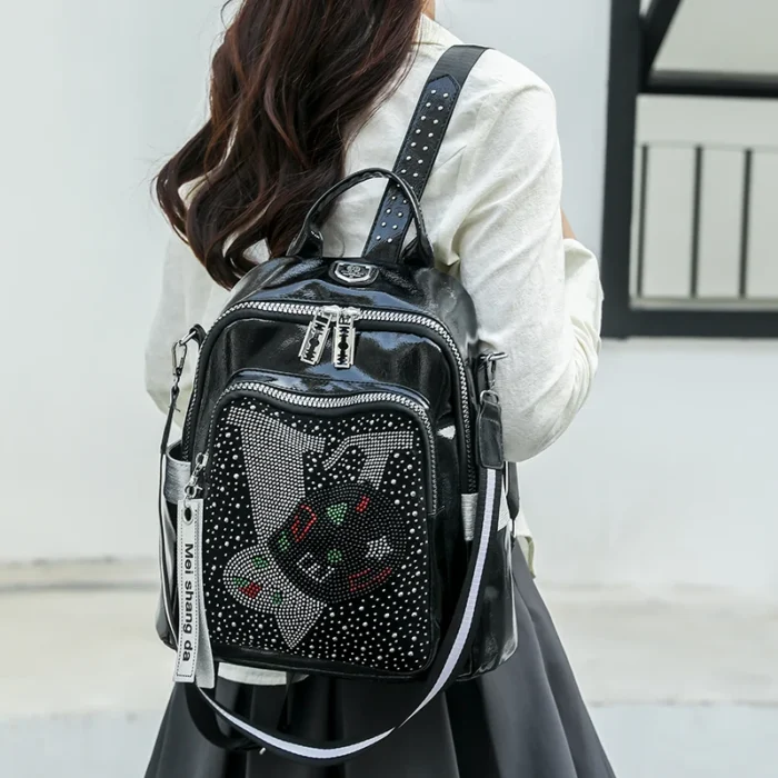 High Quality Leather Multifunctional Backpack With Diamond Stickers Large Capacity Mochilas Luxurious Women's Designer Brand Bag - Image 5