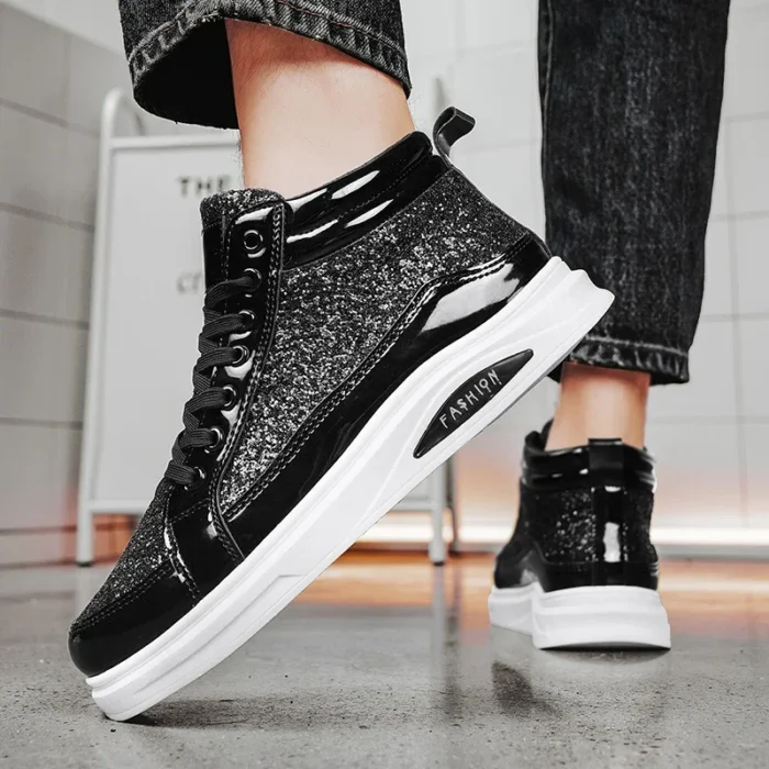 2025 Fashion Gray Men's High Top Shoes Glitter Leather Man Casual Sneakers Streetwear Hip-hop Skateboard Shoes Men Plus Size 46 - Image 5
