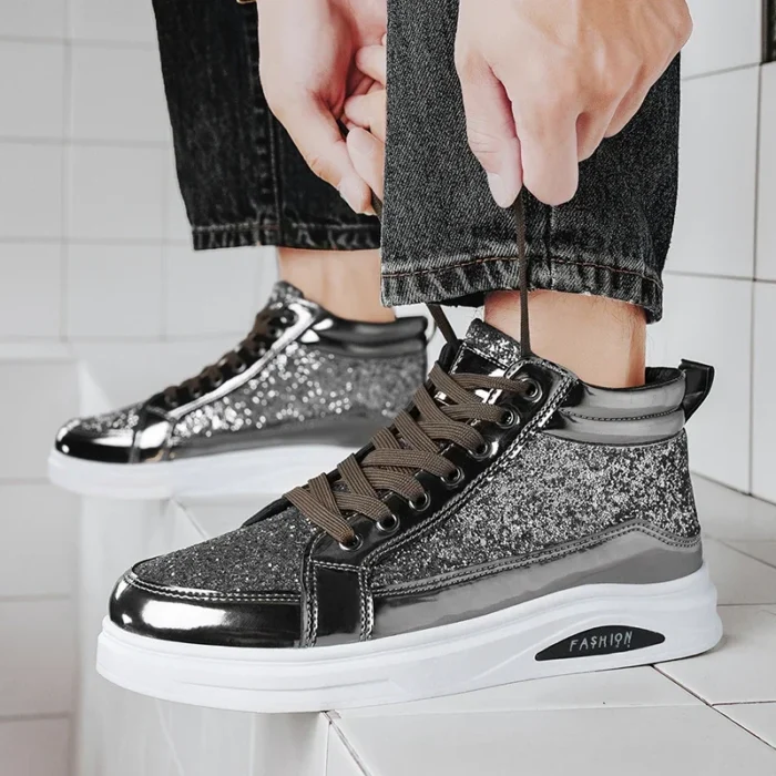 2025 Fashion Gray Men's High Top Shoes Glitter Leather Man Casual Sneakers Streetwear Hip-hop Skateboard Shoes Men Plus Size 46 - Image 3