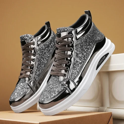 2025 Fashion Gray Men's High Top Shoes Glitter Leather Man Casual Sneakers Streetwear Hip-hop Skateboard Shoes Men Plus Size 46