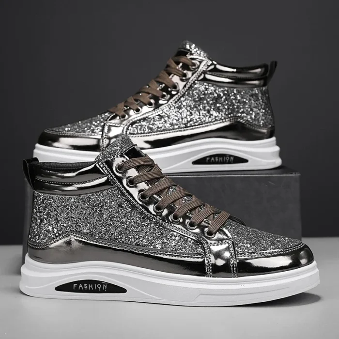 2025 Fashion Gray Men's High Top Shoes Glitter Leather Man Casual Sneakers Streetwear Hip-hop Skateboard Shoes Men Plus Size 46 - Image 2