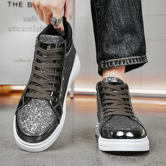 2025 Fashion Gray Men's High Top Shoes Glitter Leather Man Casual Sneakers Streetwear Hip-hop Skateboard Shoes Men Plus Size 46 - Image 4
