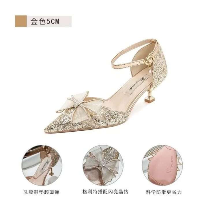 French wedding shoes wedding shoes wedding shoes high heels two new bridal bow crystal crystal shoes - Image 3