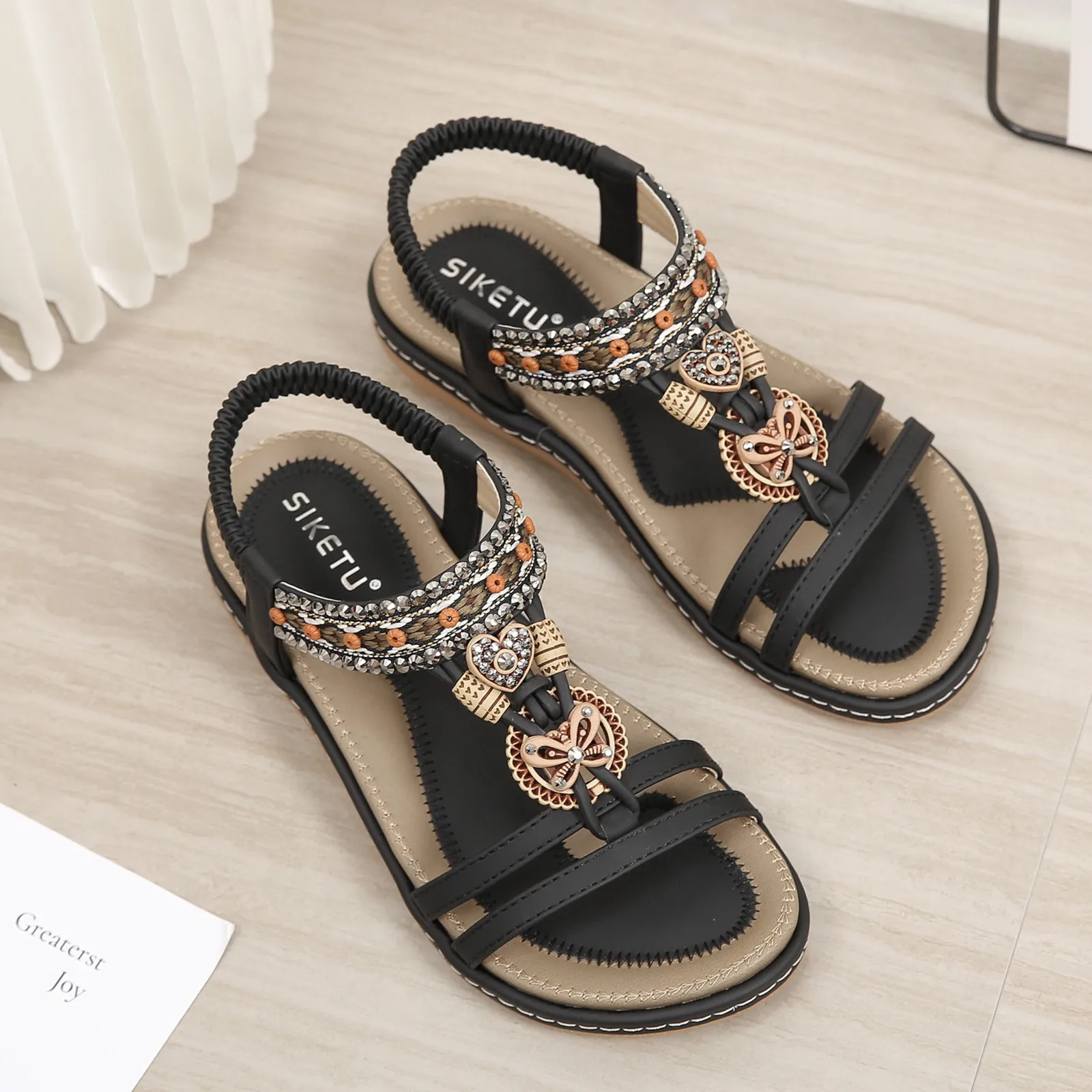 Women’S Fashionable Bohemian Style Beach Sandals Slip On Open Toe Comfortable Soft Soled Cooling Shoes Summer Flat Sandals