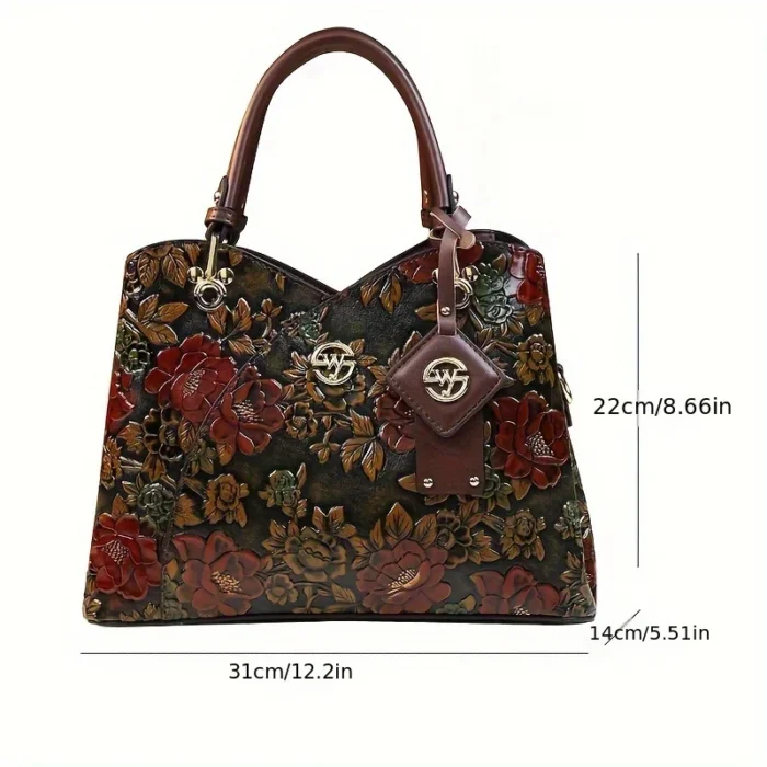 Vintage Flower Pattern Handbag, Luxury PU Leather Tote Bag, Fashion Crossbody Bag For Women - Image 3