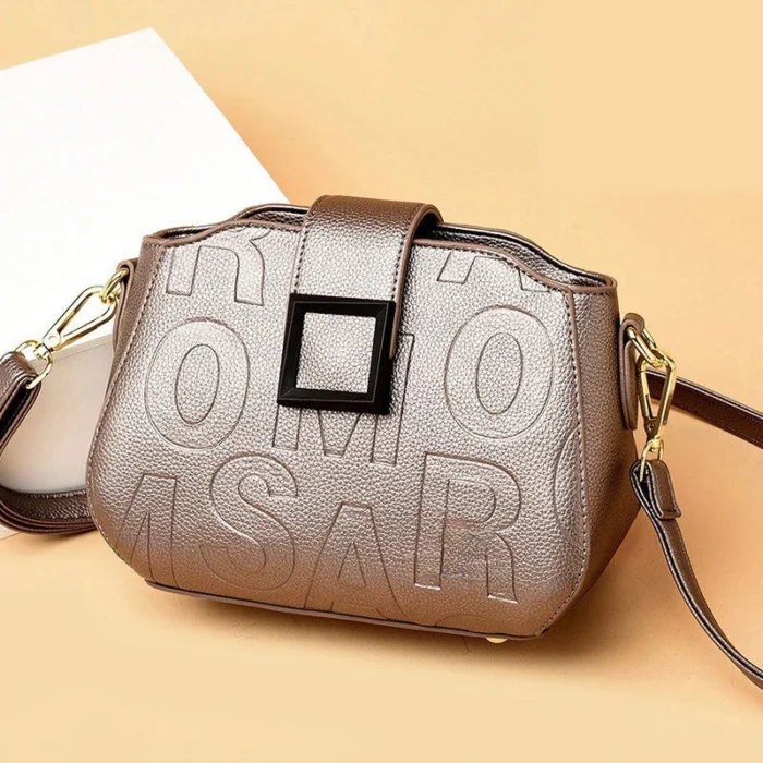 Bag2024New Fashion Letter Embossed Shoulder Bag Simple Square Middle-Aged Mother Bag Wide Shoulder Strap Messenger Bag - Image 2