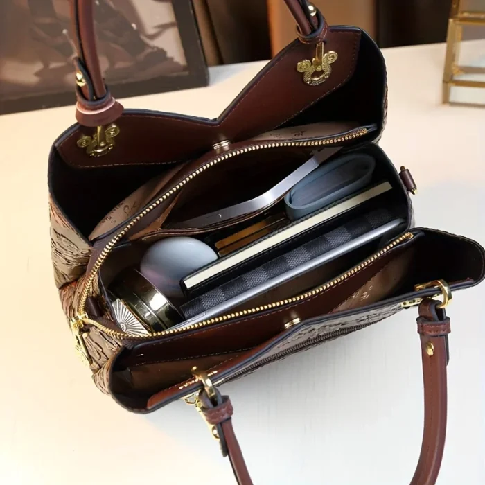 Vintage Flower Pattern Handbag, Luxury PU Leather Tote Bag, Fashion Crossbody Bag For Women - Image 4