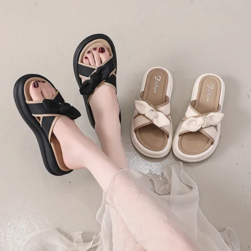 Fashionable Round Toe Thick Sole Comfortable Beach Sandals for Women Summer New Fish Mouth Elegant Wedge Heel Bow Sandals