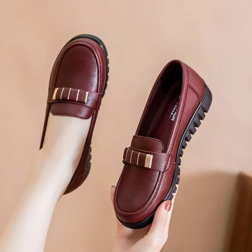 Microfiber leather flats woman wine red moccasin style shoes for women spring office loafers elderly mom flat shoes big size 42