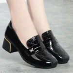 British Style Deep Mouth Block Heels Shoes Women Loafers Bright Leather Spring Autumn Office Mom Soft Leather Shoes