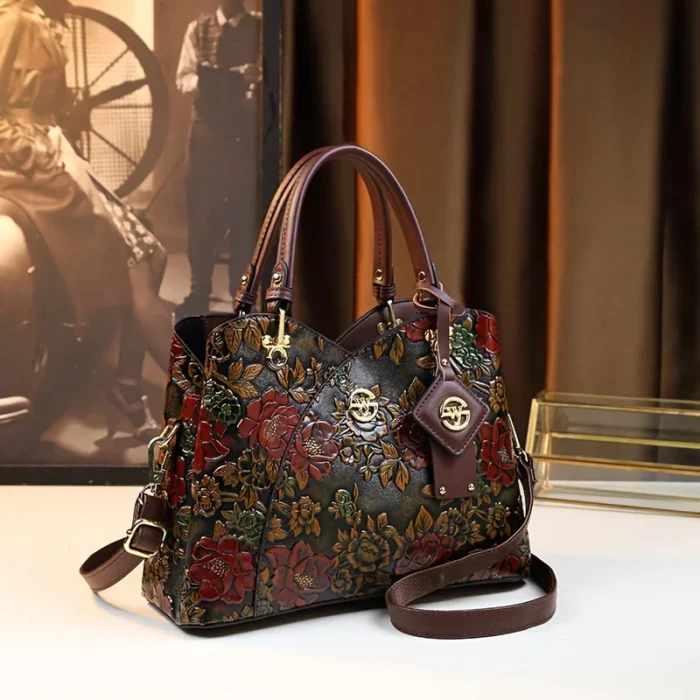 Vintage Flower Pattern Handbag, Luxury PU Leather Tote Bag, Fashion Crossbody Bag For Women - Image 2