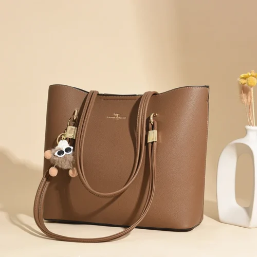 2025 New Large PU Tote Bag for Women Soft Multi-Pocket Zipper Handbag Urban Minimalist Work Purse (Black/Cocoa Brown)