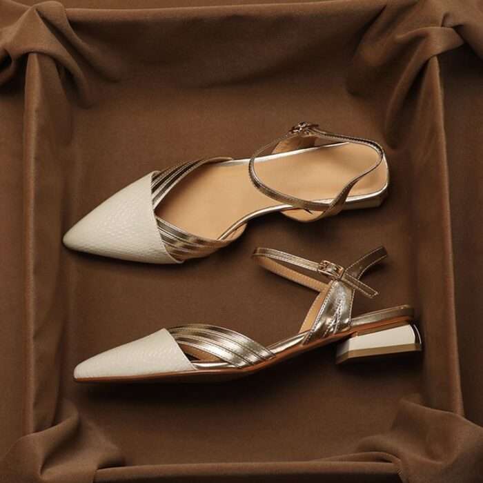 Belle Phoebe genuine leather woven hollowed-out Roman sandals for women summer new style pointed low thick heels summer women's shoes - Image 2
