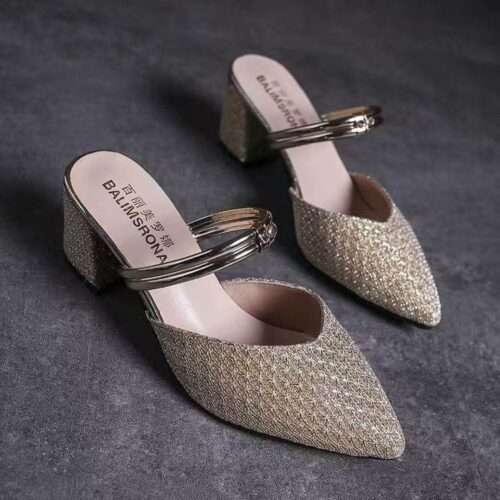Women's thick-heeled sandals with baotou heels, 2025 new style, versatile summer high heels, fashionable mid-heeled pointed toe, two-way half-slippers