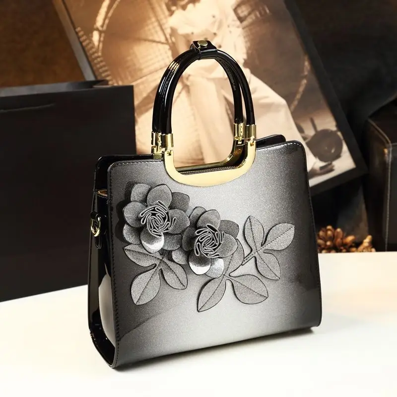Spring new patent leather flower contrast color mother's handbag banquet dress large-capacity one-shoulder cross-body women bag - Image 4