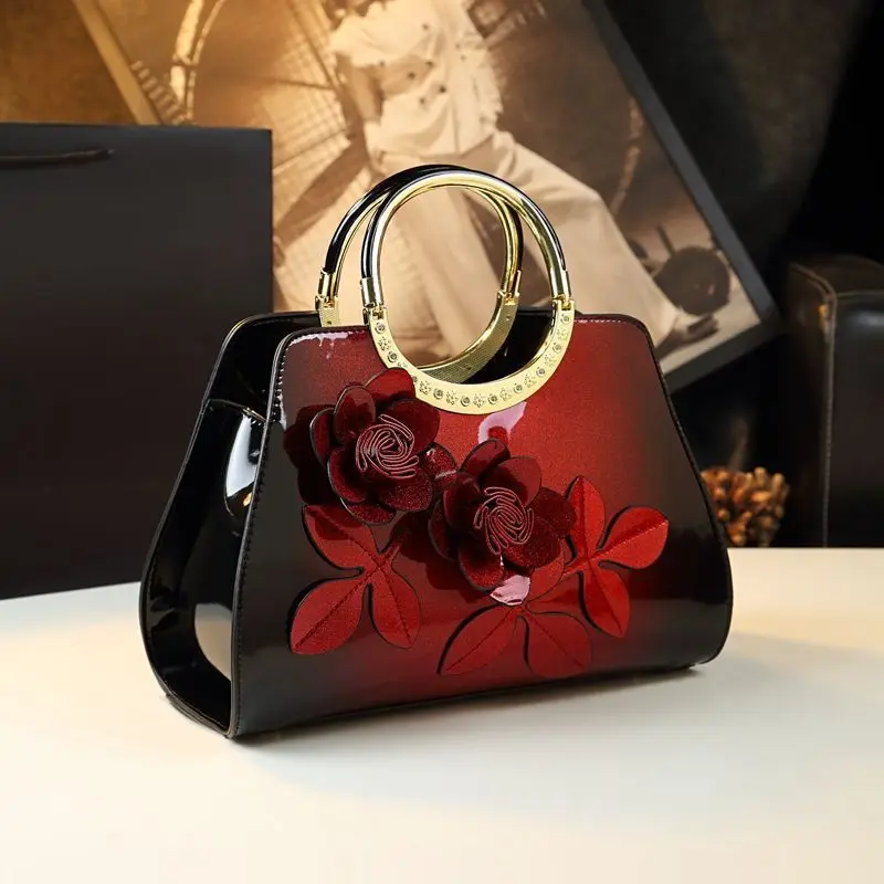 Spring new patent leather flower contrast color mother's handbag banquet dress large-capacity one-shoulder cross-body women bag