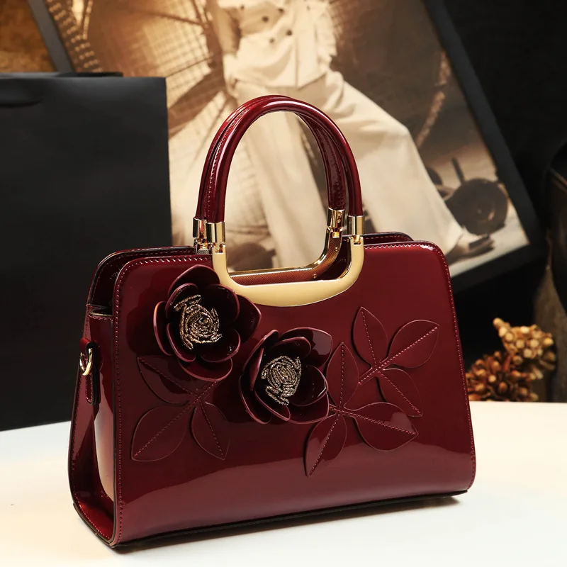 Spring new patent leather flower contrast color mother's handbag banquet dress large-capacity one-shoulder cross-body women bag - Image 6