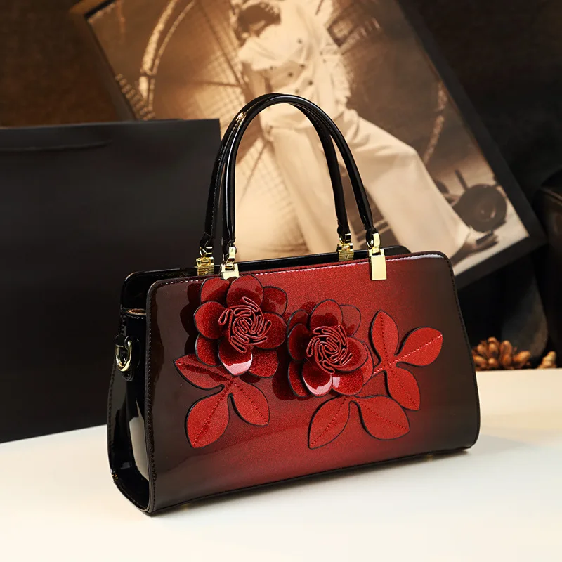 Spring new patent leather flower contrast color mother's handbag banquet dress large-capacity one-shoulder cross-body women bag - Image 3