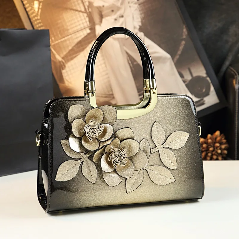 Spring new patent leather flower contrast color mother's handbag banquet dress large-capacity one-shoulder cross-body women bag - Image 5
