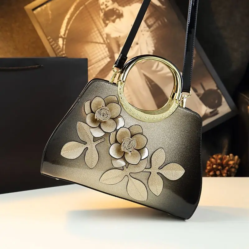 Spring new patent leather flower contrast color mother's handbag banquet dress large-capacity one-shoulder cross-body women bag - Image 2