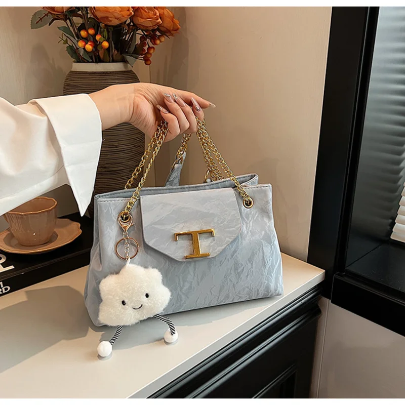 Bucket Bag Crossbody Messenger Bag Ladies Two Thin Shoulder Strap Square Horizontal Metal Letter Chain Magnetic Buckle Bag - Image 2