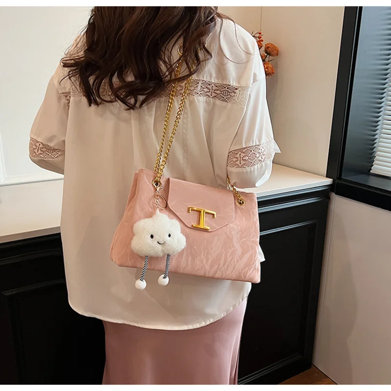 Bucket Bag Crossbody Messenger Bag Ladies Two Thin Shoulder Strap Square Horizontal Metal Letter Chain Magnetic Buckle Bag - Image 5