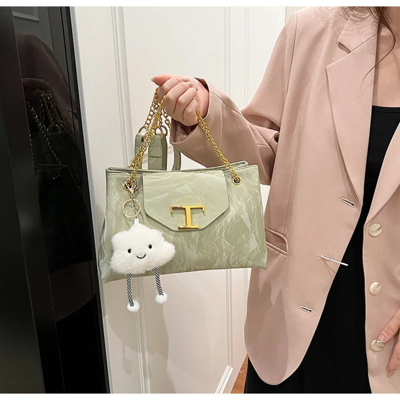 Bucket Bag Crossbody Messenger Bag Ladies Two Thin Shoulder Strap Square Horizontal Metal Letter Chain Magnetic Buckle Bag - Image 3